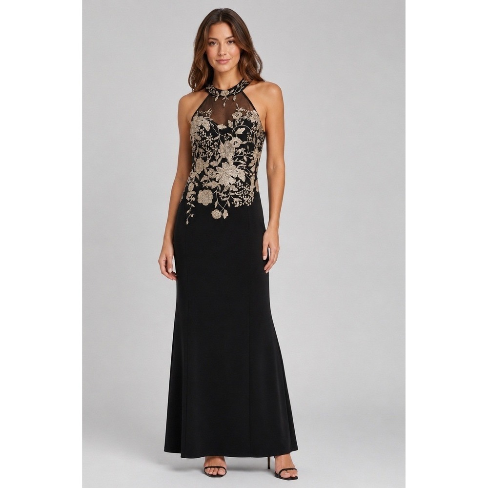 Vintage Y2K Cachet Black Velvet Gold Embroidered Fairy Halter Formal Dress Sz 6